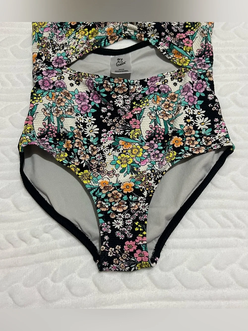 💗 Art Class - Girls Black Floral Cutout Swimsuit with Pink, Yellow, Teal Flowers